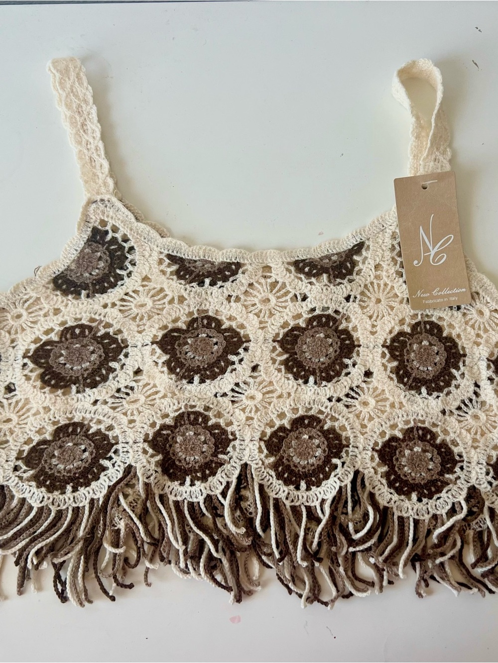 Crochet Fringe Crop Tank Top in Cream and Brown